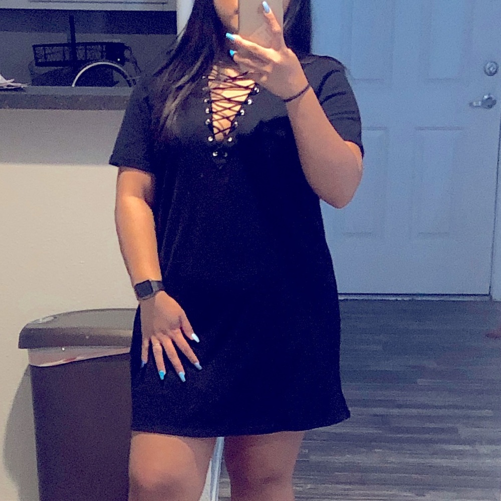 Casual Little Black T-Shirt Dress w/ Lace V neck